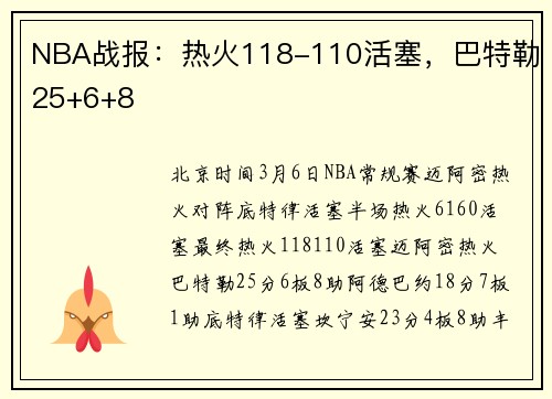 NBA战报：热火118-110活塞，巴特勒25+6+8