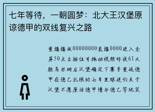七年等待，一朝圆梦：北大王汉堡原谅德甲的双线复兴之路